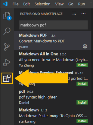 Visual Studio Code Extensions tab open with the Markdown PDF extension by yzane, version 1.4.4 highlighted. A big arrow points to the Extensions icon.